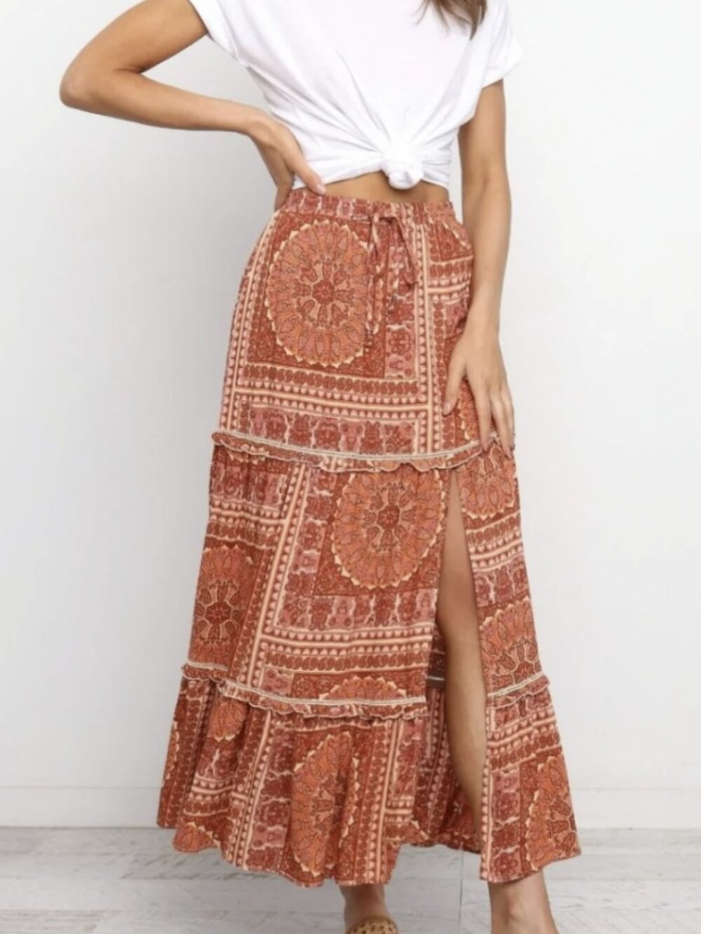 Petal & Pup Rosie Boho Terracotta Printed Maxi Skirt w/ Front Slit Size 2